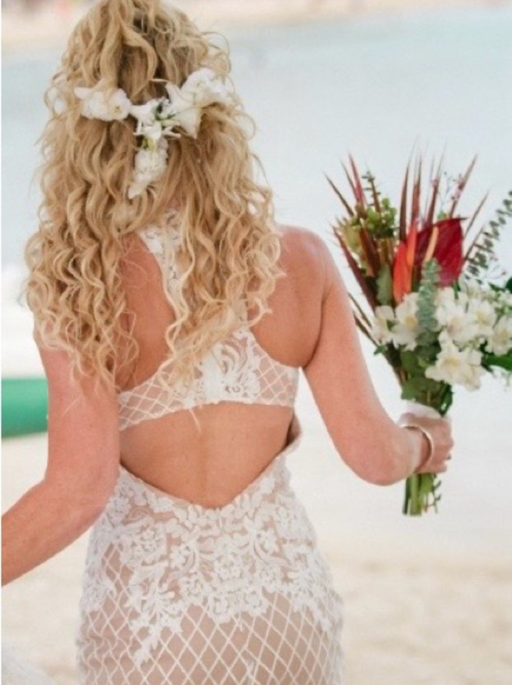 Dave & Johnny Nude and Ivory Lace Halter Evening Dress